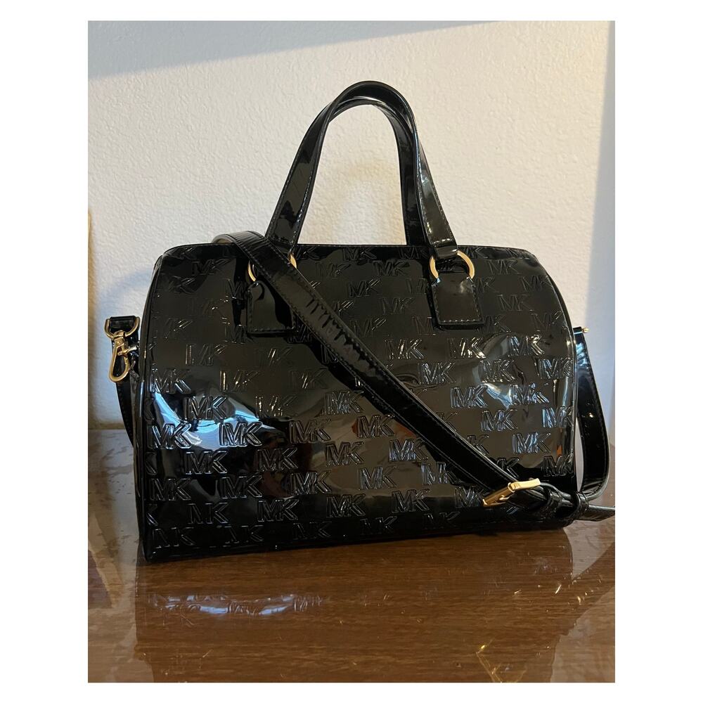 MICHAEL KORS Mason Medium Duffle Satchel Bag Black MK Logo Crossbody - Picture 2 of 10